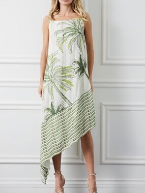 Ciebon Tamara Tropical Palm Halter Dress Large Asymmetrical Hem Gold Metallic